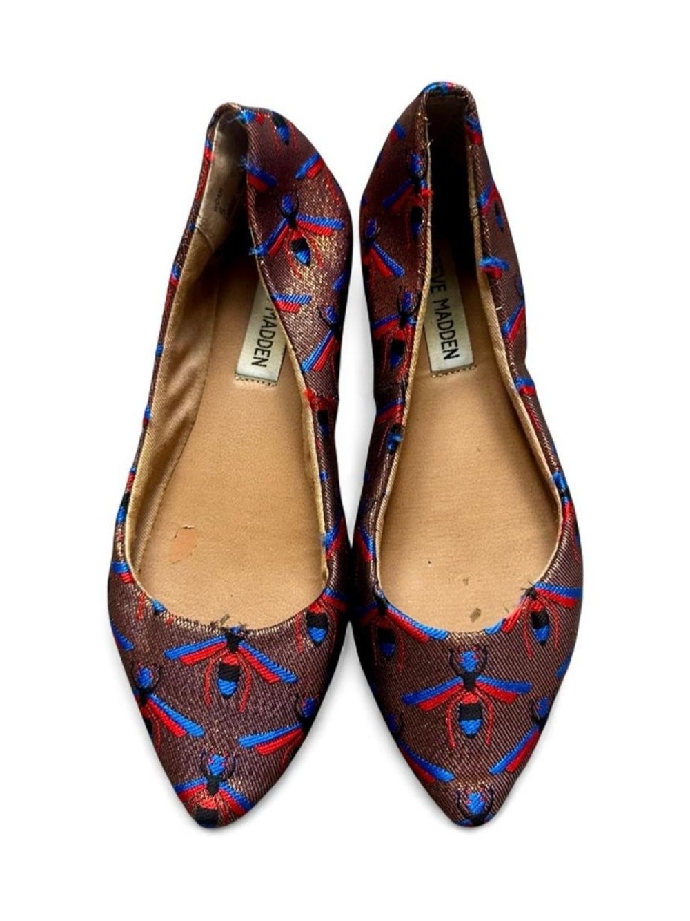 Steve Madden Embroidered Bee Woah copper, red, and blue ballet flats size 5